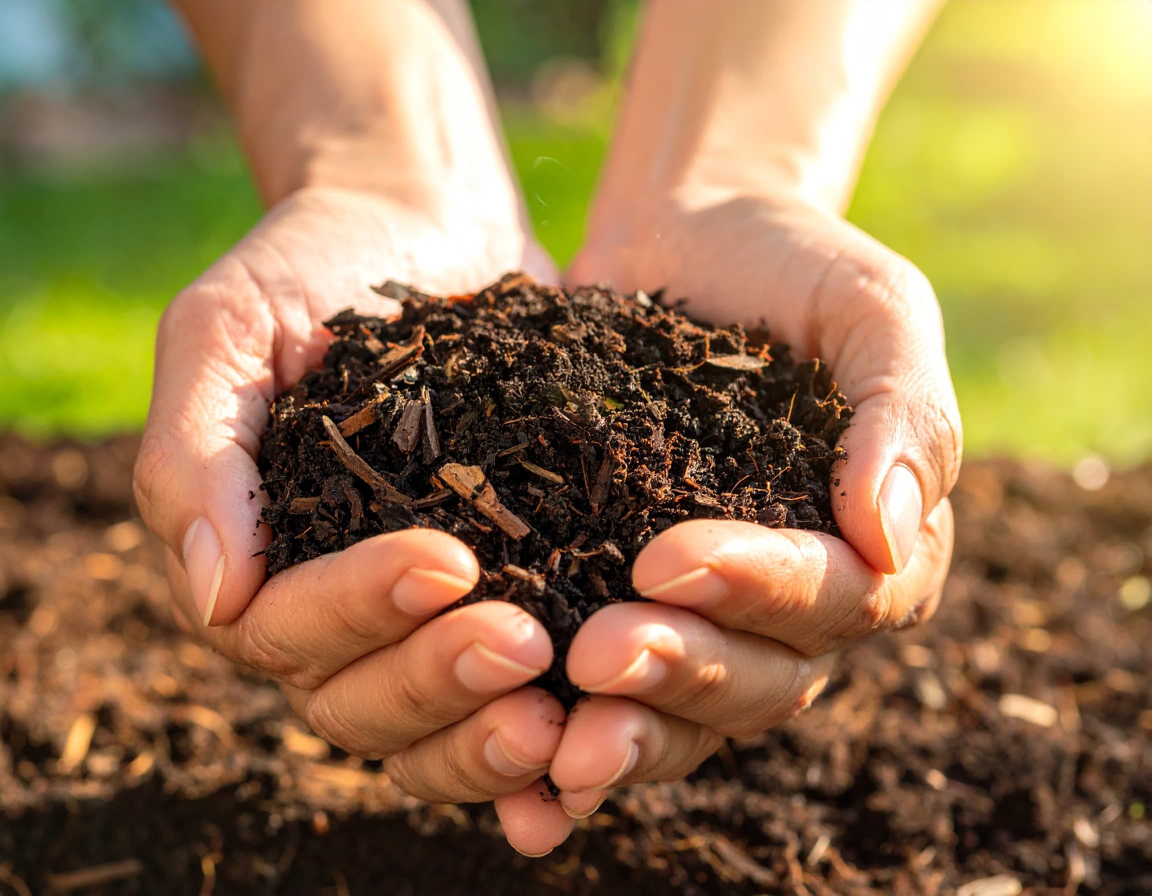 Hands holding soil and mulch.